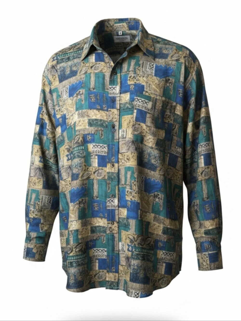 Vtg 100% Silk Patterned Button-Up Shirt Green/Gold/Black Long Sleeves Sz XL